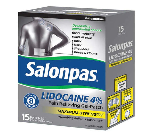 Salonpas LIDOCAINE 4% Pain Relieving Gel-Patch, 15 Patches