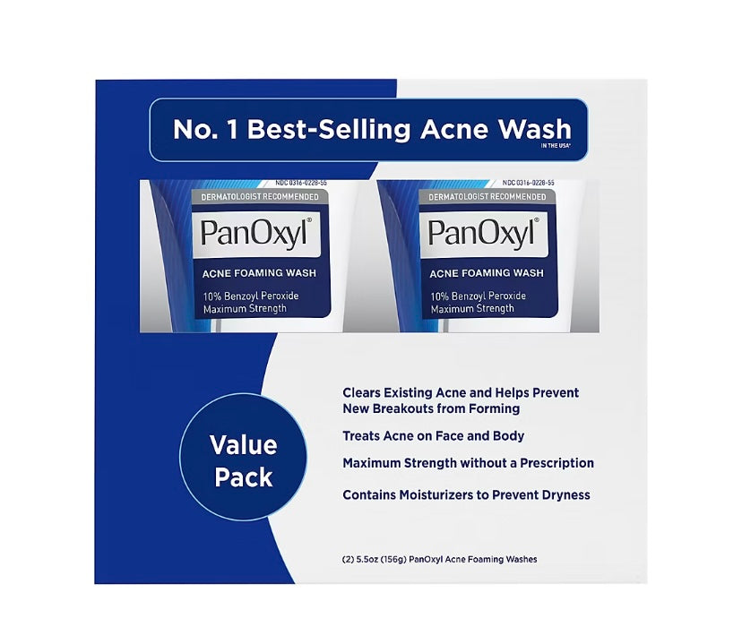 Panoxyl Acne Foaming Wash 10% Benzoyl Peroxide, Maximum Strength, 2 pack of 156g