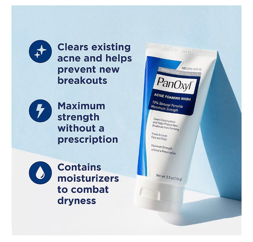 Panoxyl Acne Foaming Wash 10% Benzoyl Peroxide, Maximum Strength, 2 pack of 156g